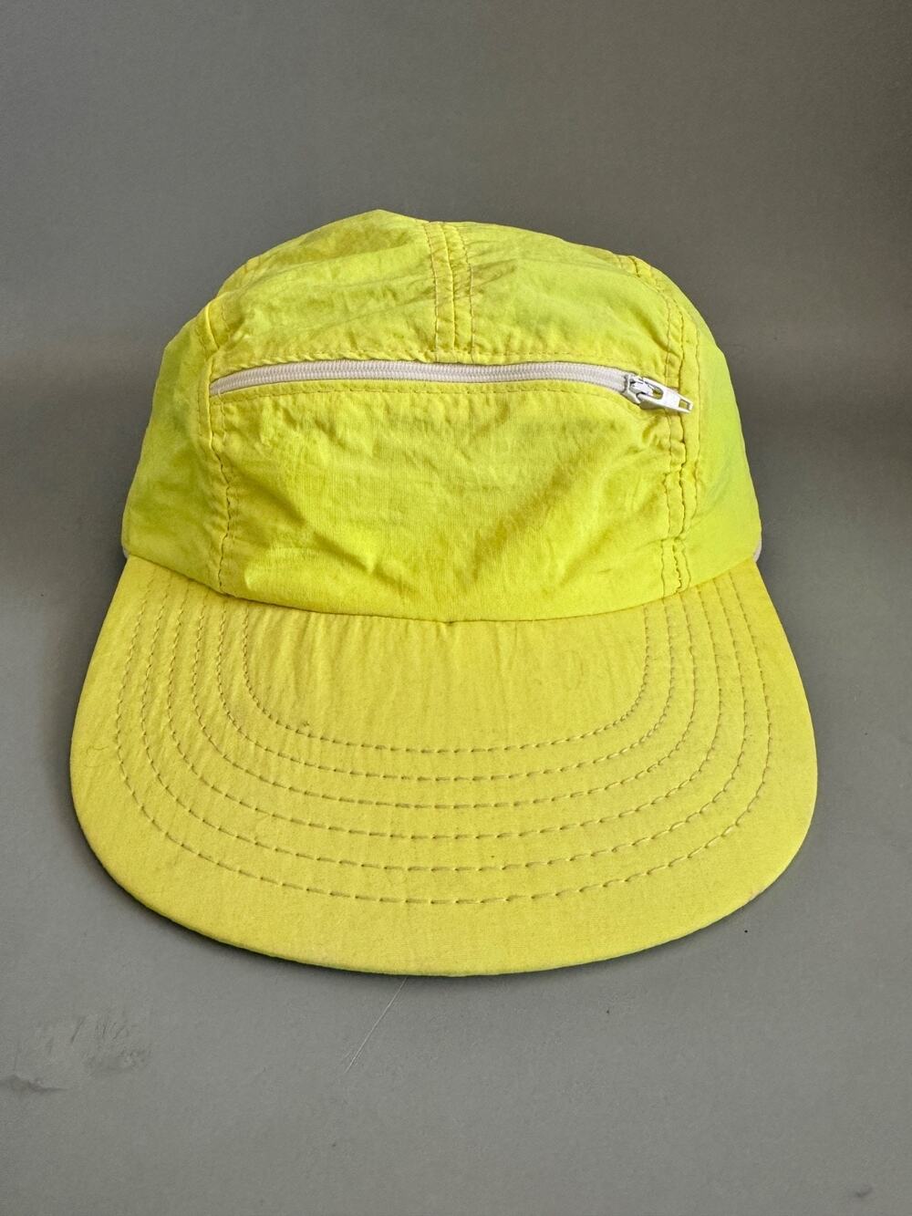 Vtg 90s Bright Neon Yellow Hat Nylon Cap Beach Cycling zipper Made in USA OS